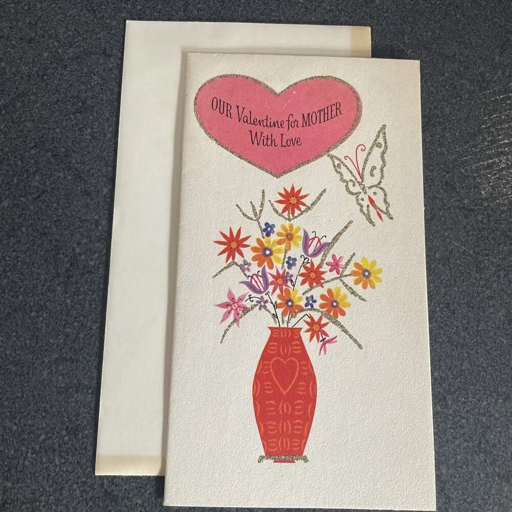 VTG Valentine Mom Butterfly Flowers Heart Card Gold Glitter Rust Craft